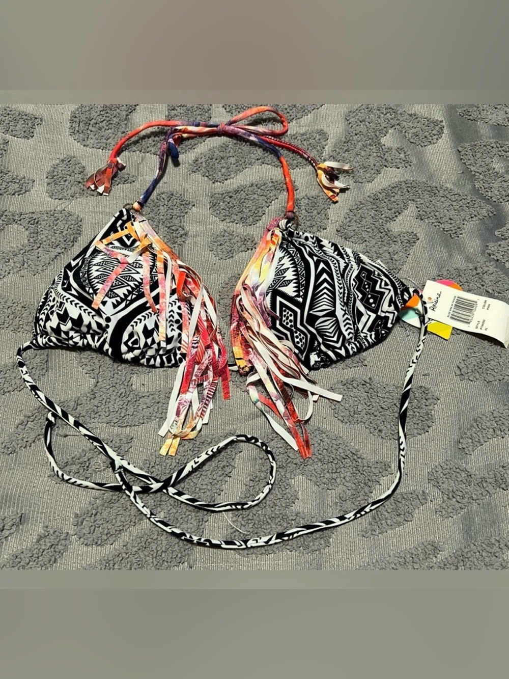 Raisins Black and White Geometric Print Fringe Bikini Triangle Top Size XL